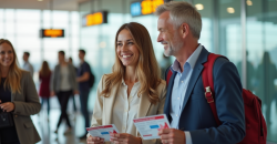 Couple souriant à l'aéroport avec billets Air France