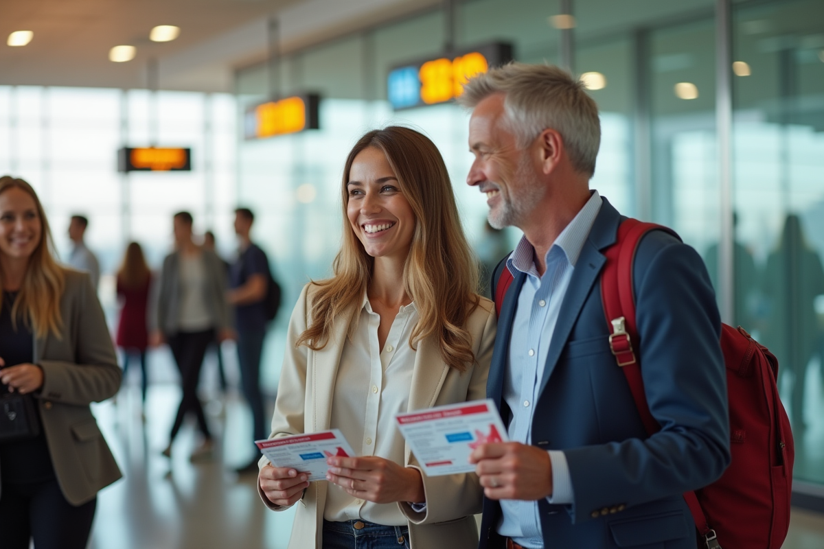 Couple souriant à l'aéroport avec billets Air France