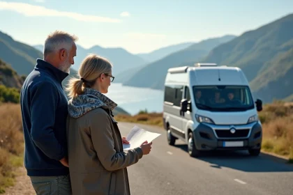 Couple en camping en Corse avec van blanc et paysage
