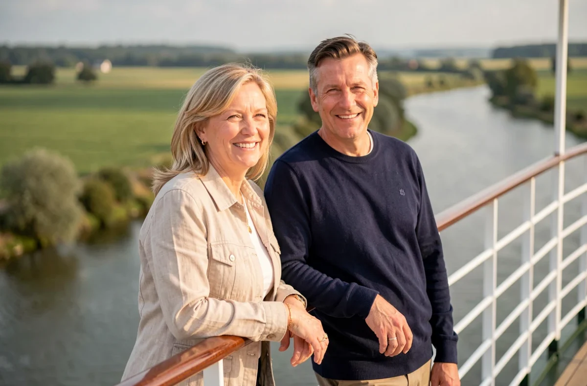 Couple de touristes profitant d'une croisière fluviale sur le pont d'une péniche en Hauts-de-France