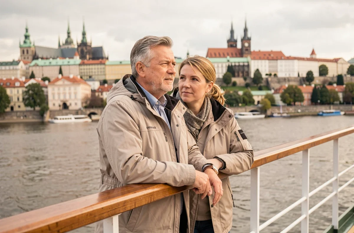 Couple admirant le panorama de Prague depuis le pont d'un bateau de croisière sur la Vltava