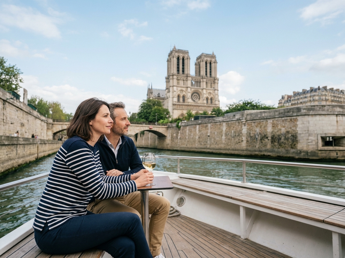 Couple profitant d'une croisière sur la Seine avec vue sur la cathédrale Notre-Dame de Paris