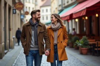 Couple en promenade dans une rue de Dijon