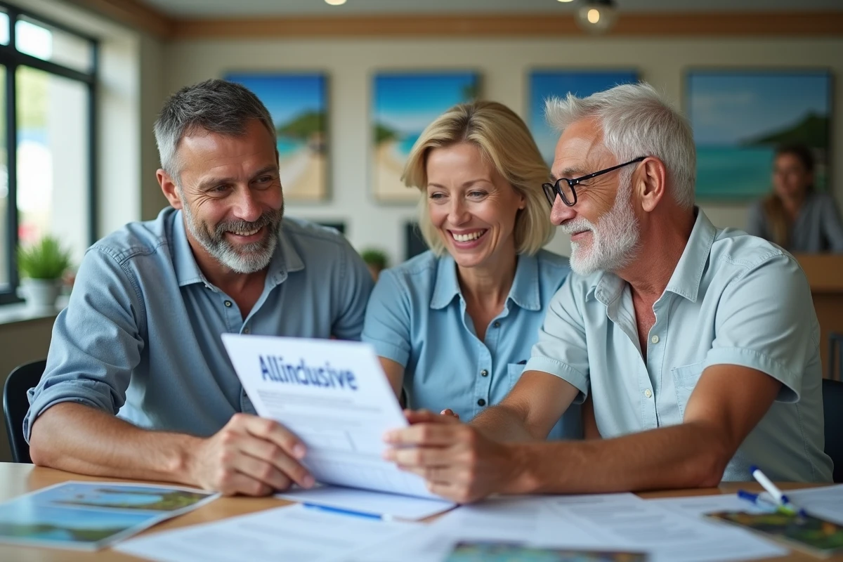 Couple en agence de voyage discute avec conseiller
