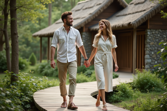 Couple souriant en nature avec ecohotel en arrière-plan