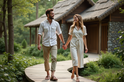 Couple souriant en nature avec ecohotel en arrière-plan