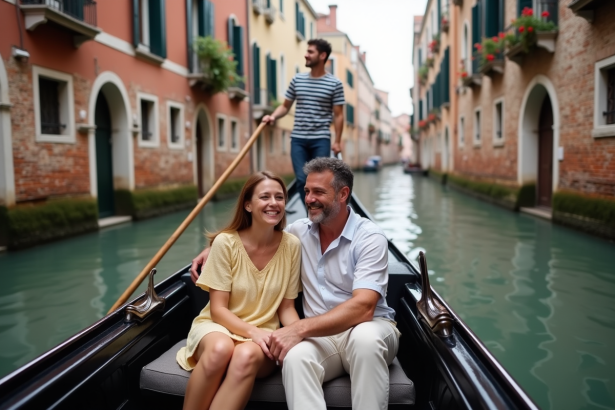 Couple souriant en gondola à Venise avec bâtiments historiques