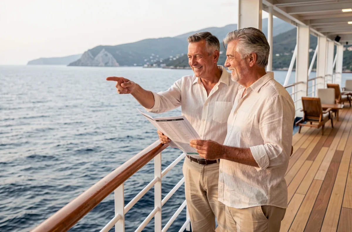 Couple de voyageurs consultant leur itinéraire de croisière sur le pont d'un paquebot