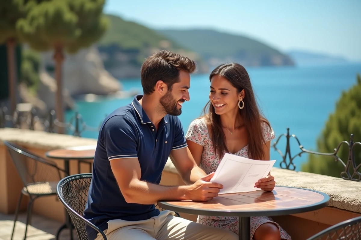 Couple consultant un itinéraire de voyage méditerranéen en terrasse de café avec vue sur la mer