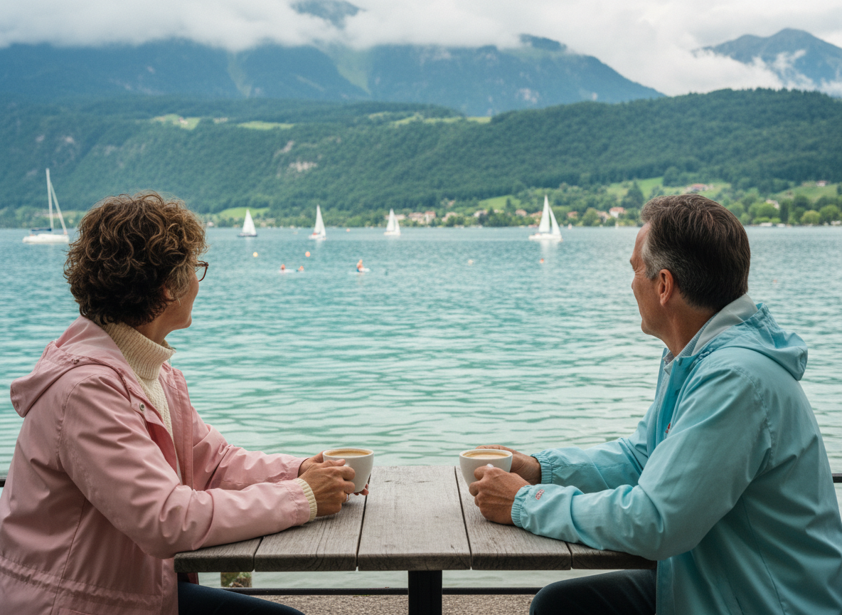 Couple dégustant un café au bord du lac Annecy