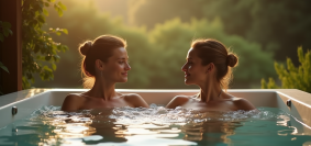 Couple relaxant dans un spa en plein air en HautsdeFrance