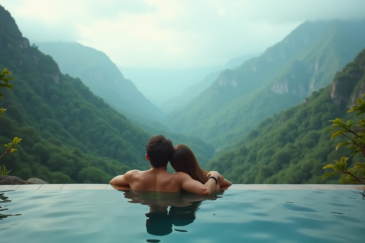Couple se relaxant dans une piscine à débordement avec vue sur le Cirque de Cilaos à la Réunion