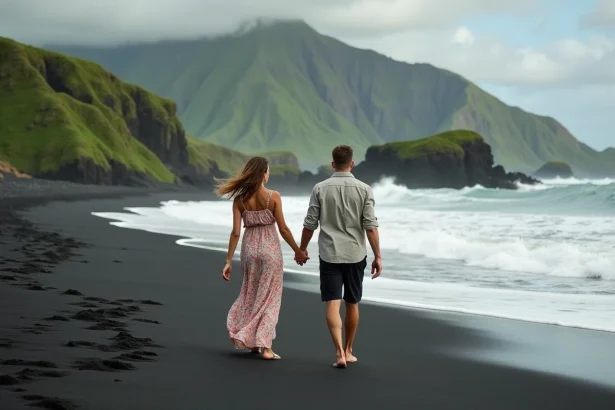 Couple en amoureux se promenant sur une plage de sable noir à l'île de la Réunion