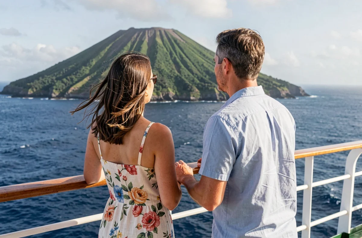 Couple de voyageurs admirant une île volcanique depuis le pont d'un bateau de croisière en Atlantique