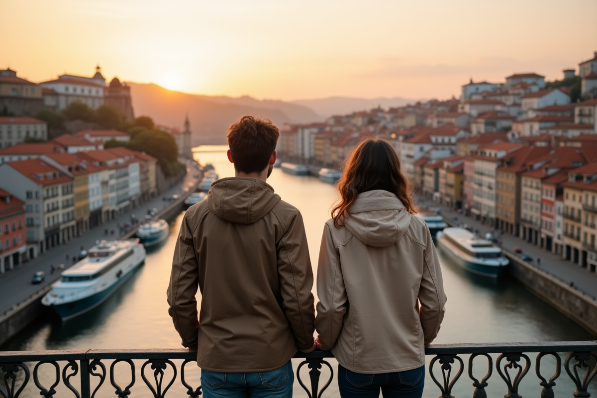 Jeune couple regardant Porto depuis le pont Dom Luis