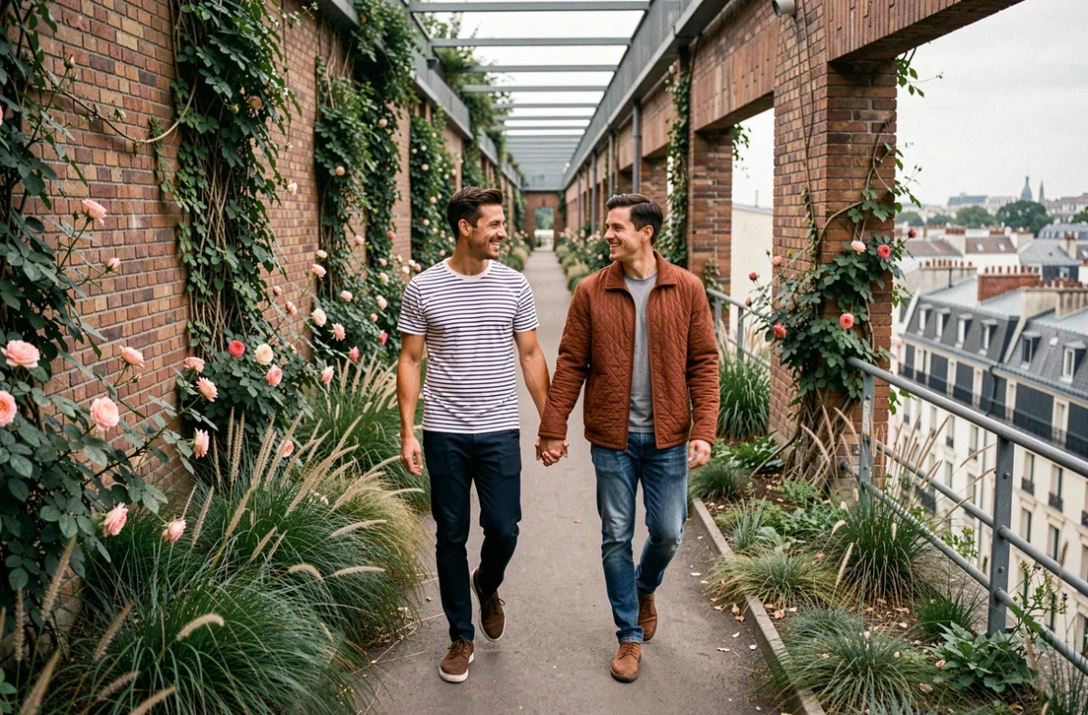 Couple se promenant sur la Promenade Plantée, coulée verte surélevée du 12e arrondissement de Paris