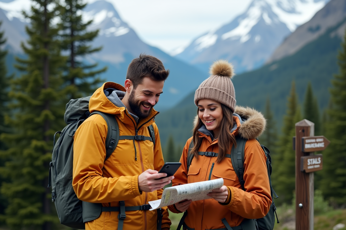 Jeune couple en randonnée dans un parc national canadien