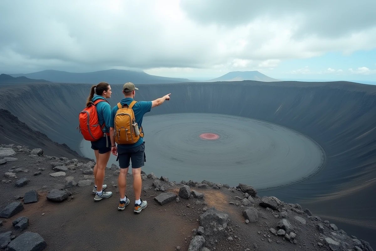 Couple de randonneurs au bord du cratère du Piton de la Fournaise à l'île de la Réunion