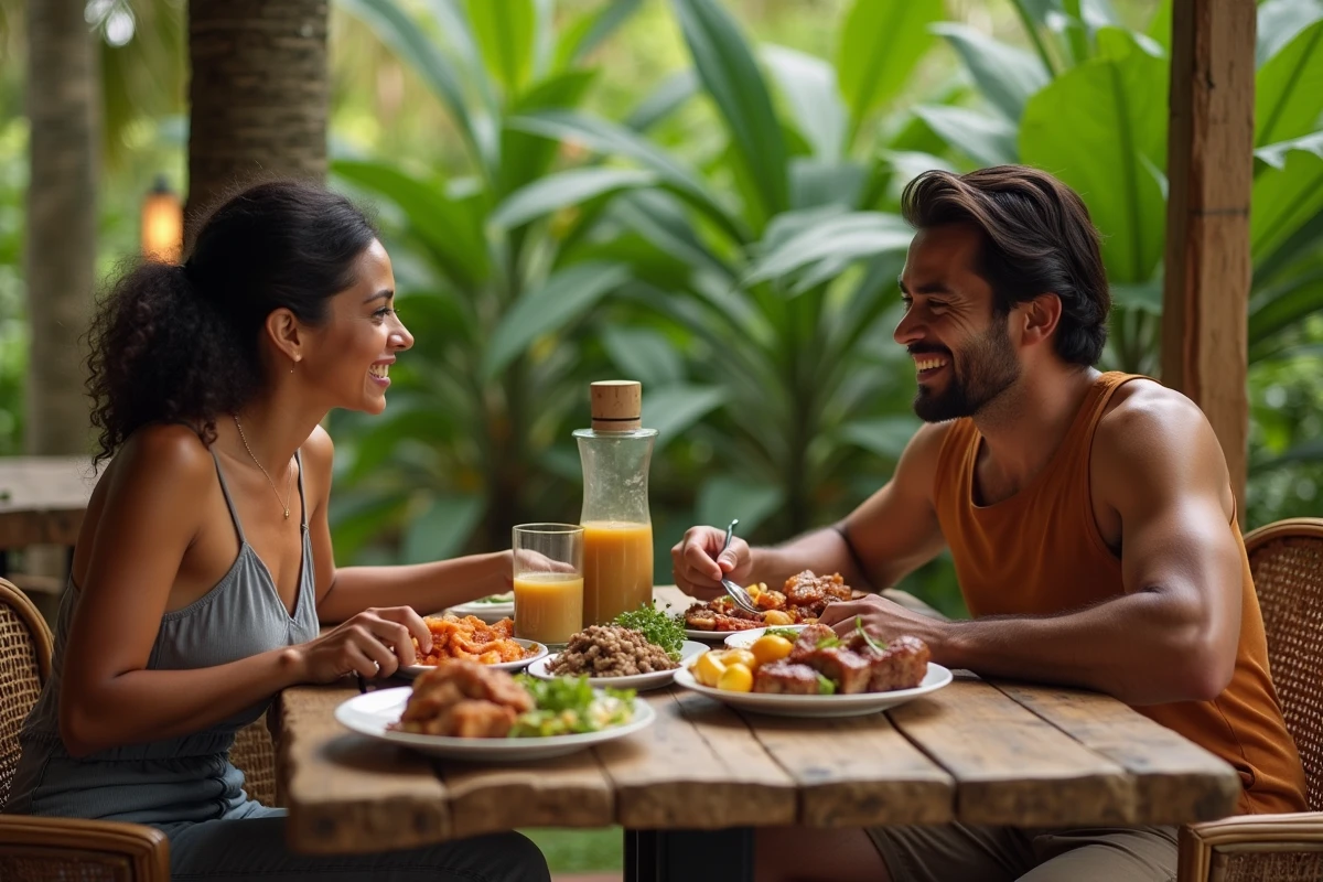 Couple savourant un repas créole traditionnel dans un restaurant en plein air à la Réunion