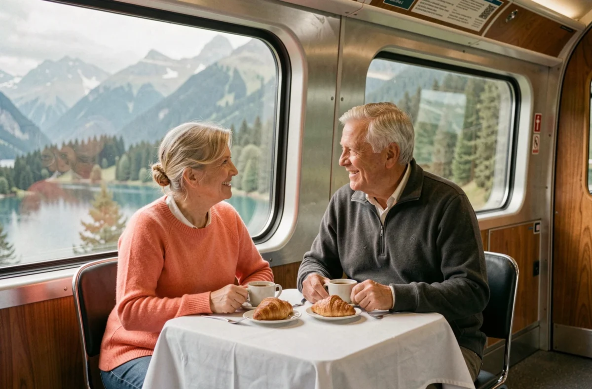 Couple de seniors partageant un café et des croissants dans un wagon panoramique traversant les Alpes