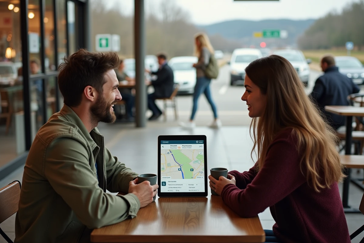 Couple planifiant leur itinéraire routier sur une tablette avec ViaMichelin dans une aire de repos autoroutière