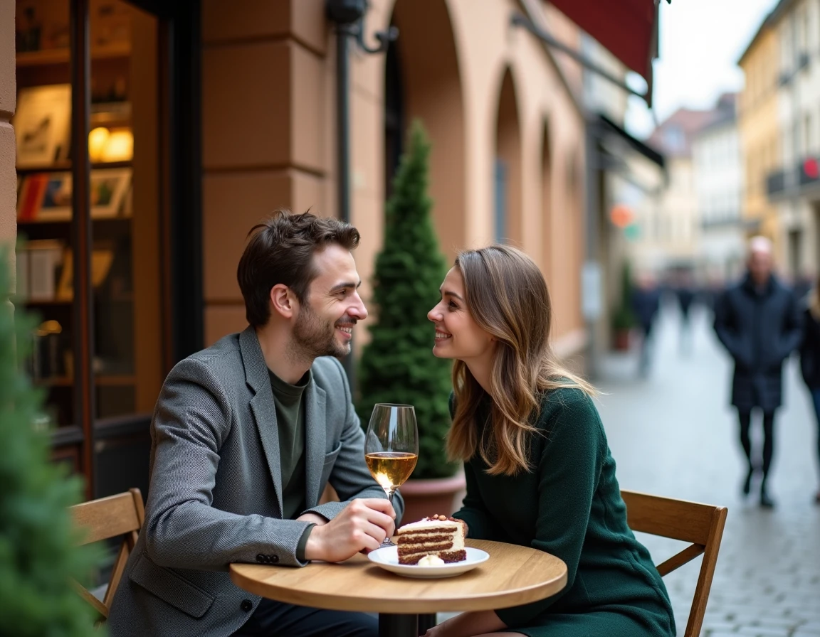 Couple partageant un verre de vin en terrasse dans une ruelle romantique du vieux Heidelberg