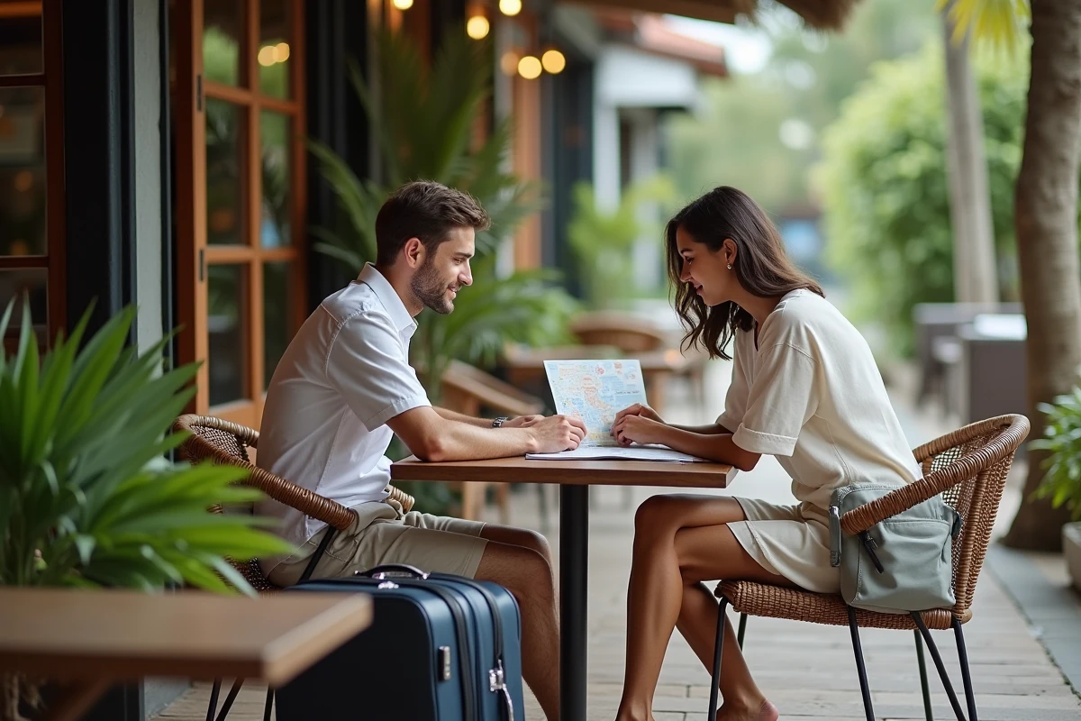 Couple européen avec valises au café en Thaïlande