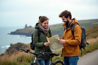 Jeune couple souriant avec vélos sur la côte de l'île de Man