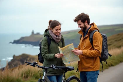 Jeune couple souriant avec vélos sur la côte de l'île de Man