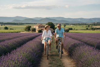 Couple à vélo dans les champs de lavande en Provence