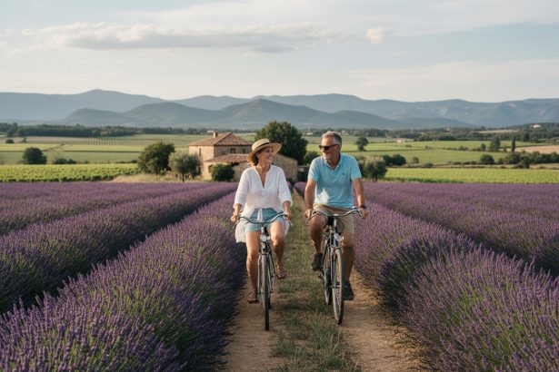 Couple à vélo dans les champs de lavande en Provence