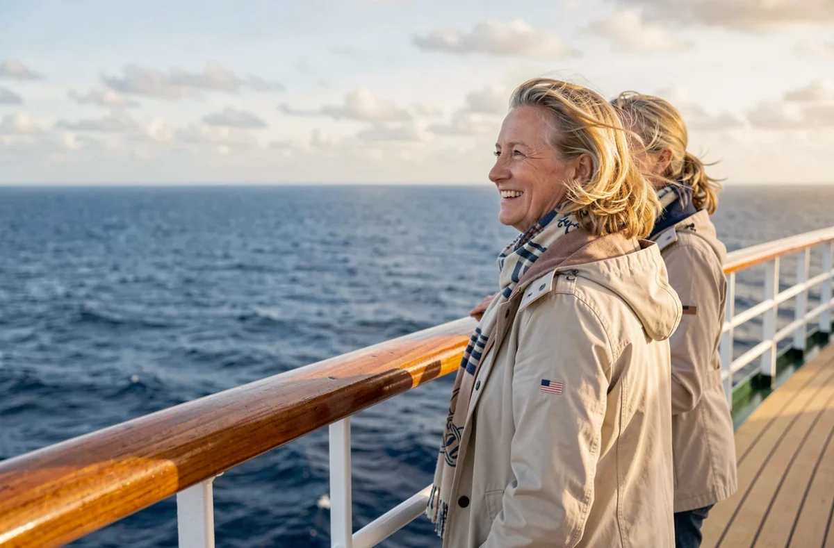 Couple de voyageurs sur le pont d'un navire de croisière au large de l'Atlantique