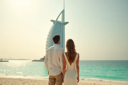 Couple en voyage de noces devant le Burdž Al Arab à Dubaï avec vue sur la plage et le golfe Arabique