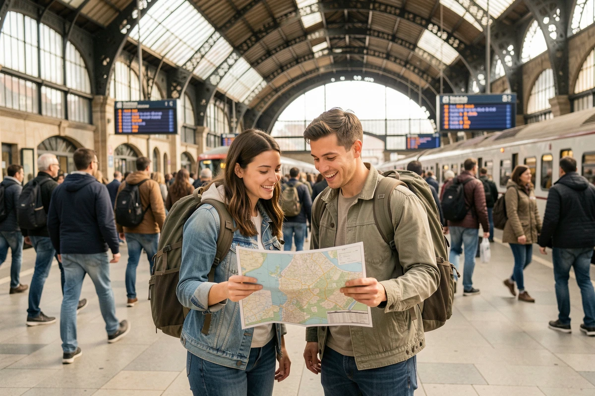 Couple de voyageurs économiques consultant une carte dans une gare européenne animée