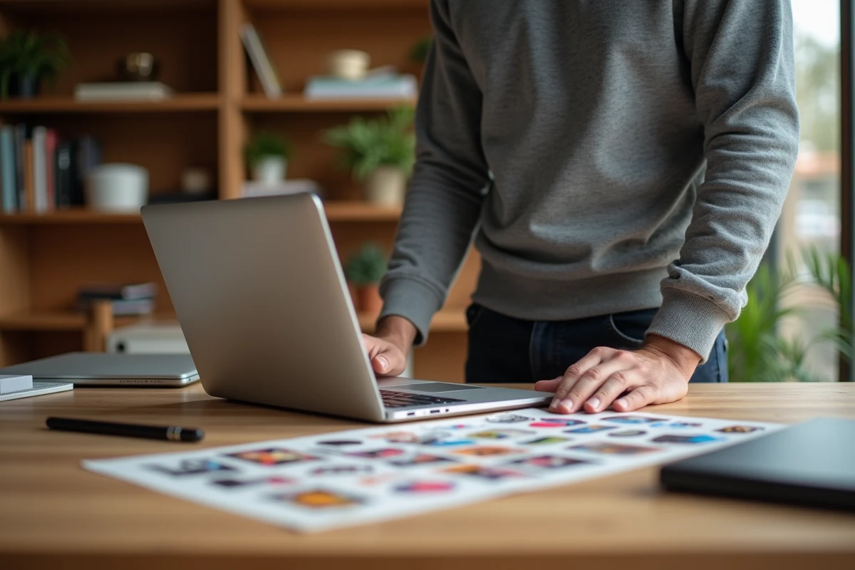 Homme créant un autocollant de valise personnalisé sur son ordinateur portable à son bureau à domicile