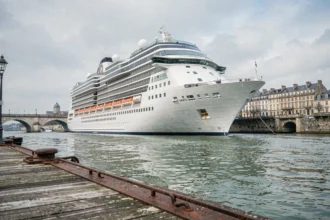 Paquebot de croisière amarré au port de Nantes avec la ville en arrière-plan