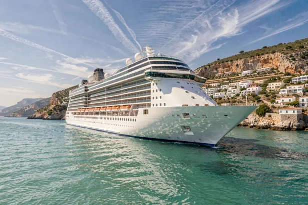 Grand navire de croisière naviguant sur les eaux turquoise de la Méditerranée devant un village côtier aux maisons blanches