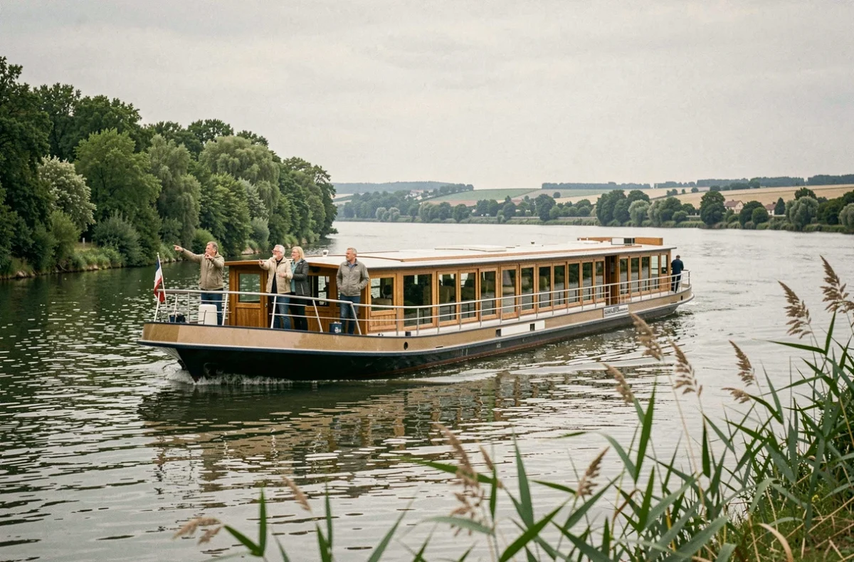 Bateau de croisière fluviale sur le Rhin près de Speyer avec des voyageurs admirant les rives verdoyantes