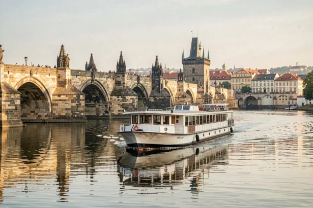 Bateau de croisière sur la Vltava passant sous le Pont Charles à Prague