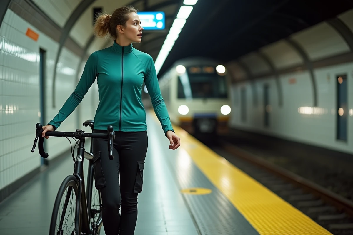 Cycliste tenant son vélo sur un quai de station U-Bahn à Berlin avec tableau de départ et rame en arrière-plan