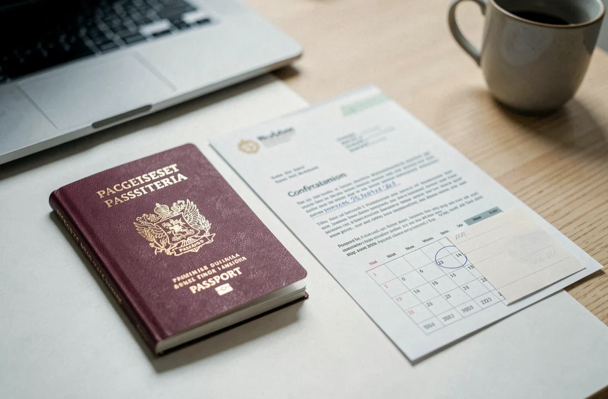 Vue rapprochée d'un passeport ouvert, d'une enveloppe officielle et d'un calendrier illustrant le délai de production