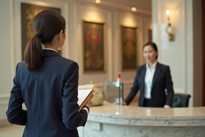 Femme déposant ses documents de visa à l'ambassade d'Indonésie auprès d'un agent consulaire