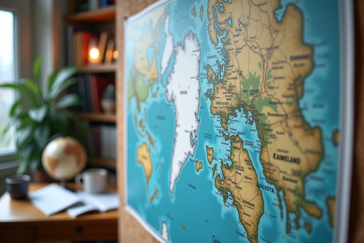 Gros plan sur la région Groenland d'un poster carte du monde épinglé dans un bureau d'étude avec globe vintage