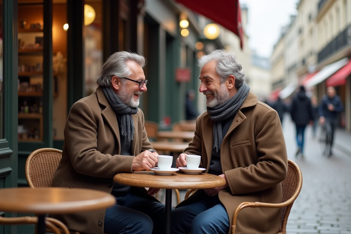 Deux hommes parisiens discutant au café sur la rue Sainte Honoré