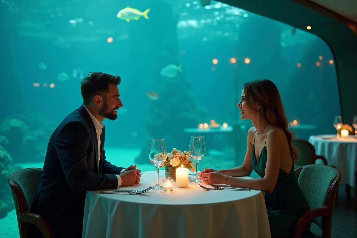 Dîner romantique en voyage de noces au restaurant sous-marin Al Mahara du Burdž Al Arab à Dubaï
