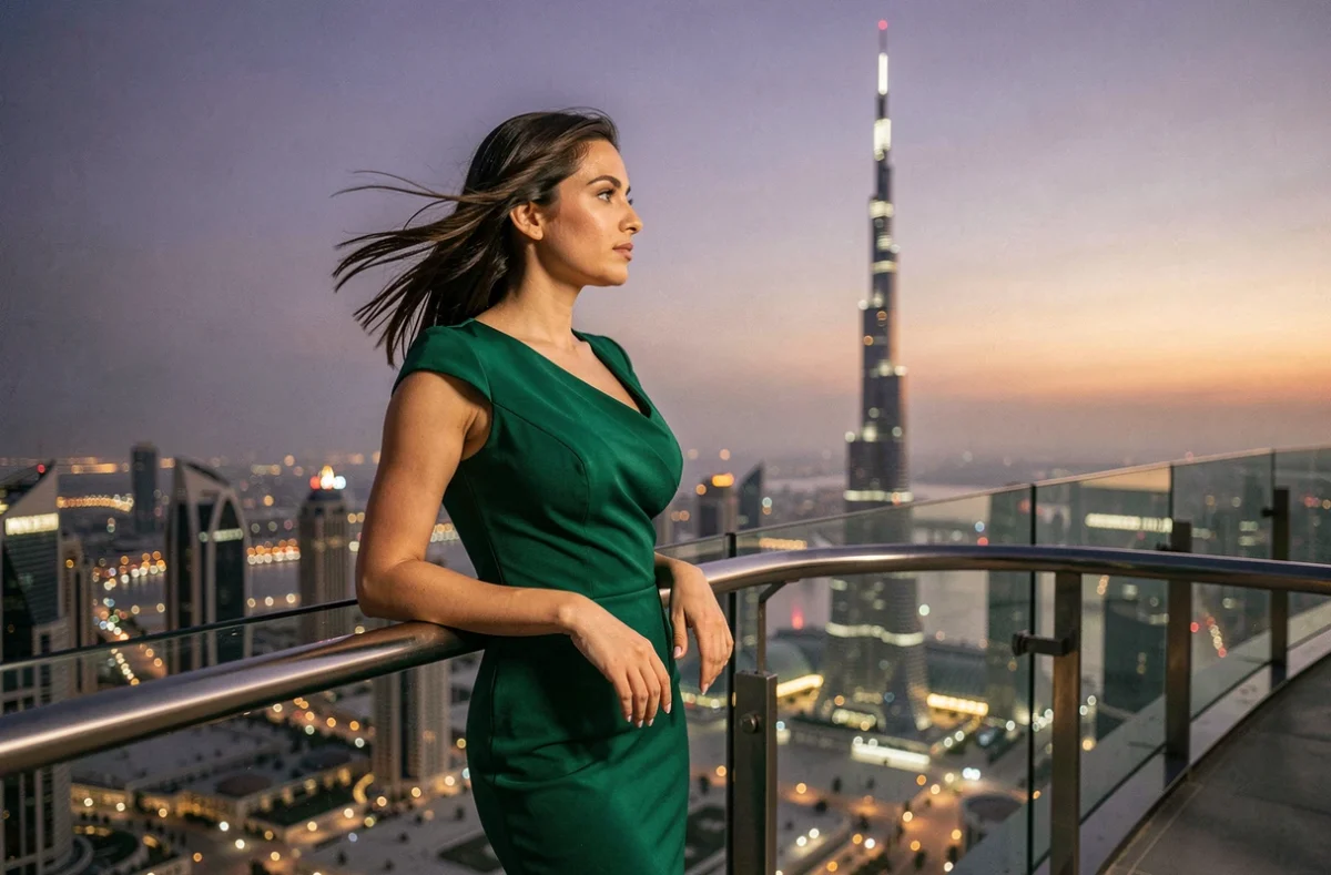 Femme en robe de soirée sur une terrasse panoramique face au Burj Khalifa au crépuscule à Dubaï