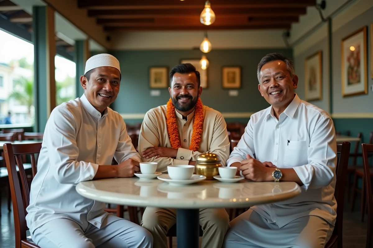 Trois hommes de cultures différentes réunis autour d'un café dans un kopitiam patrimonial multiculturel de Kuala Lumpur