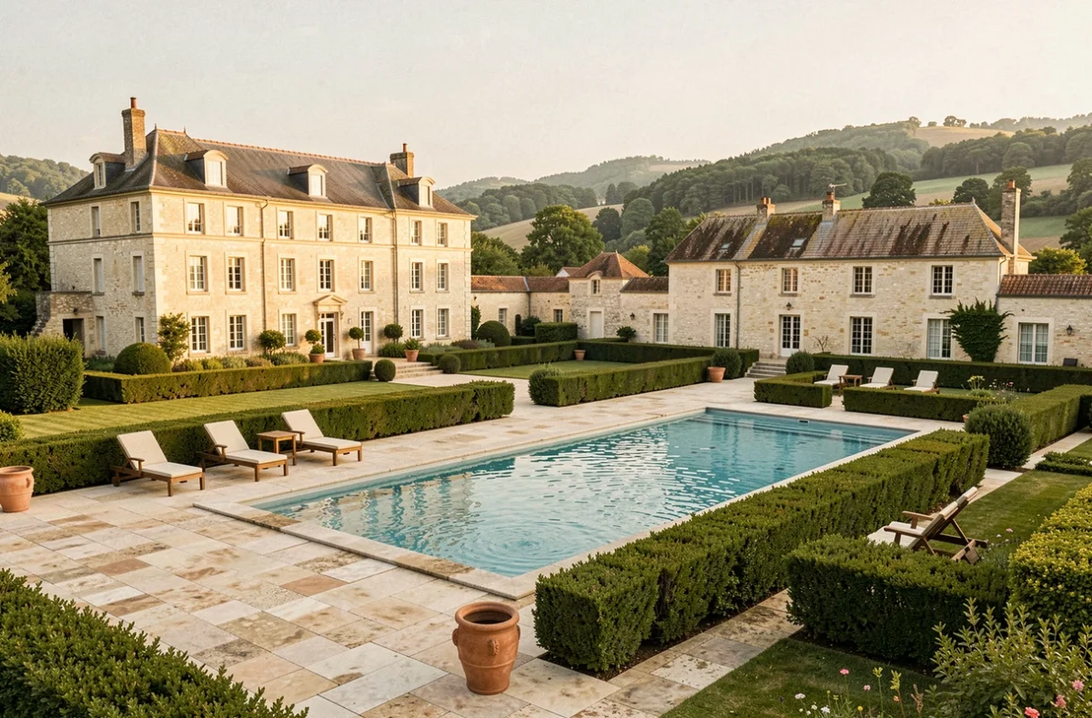 Le Domaine de Cherveix-Cubas en Dordogne, manoir périgourdin avec grande piscine, parc et terrasse en pierre typique du Périgord