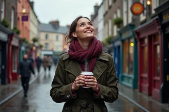 Femme en imperméable tenant un café sous la pluie dans les rues pavées de Temple Bar à Dublin
