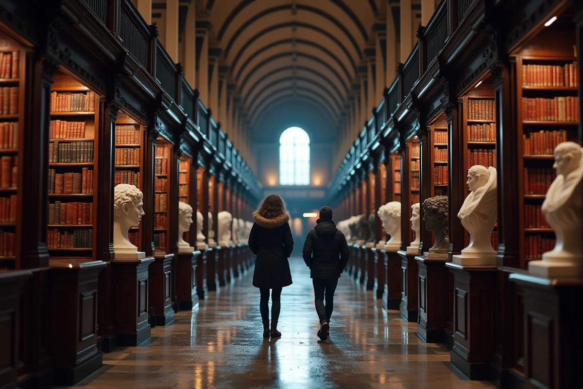 Visiteurs explorant la Long Room de la bibliothèque Trinity College Dublin lors d'une journée pluvieuse